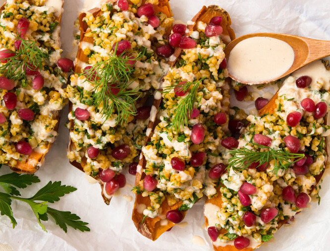 Loaded Mediterranean Baked Sweet Potatoes