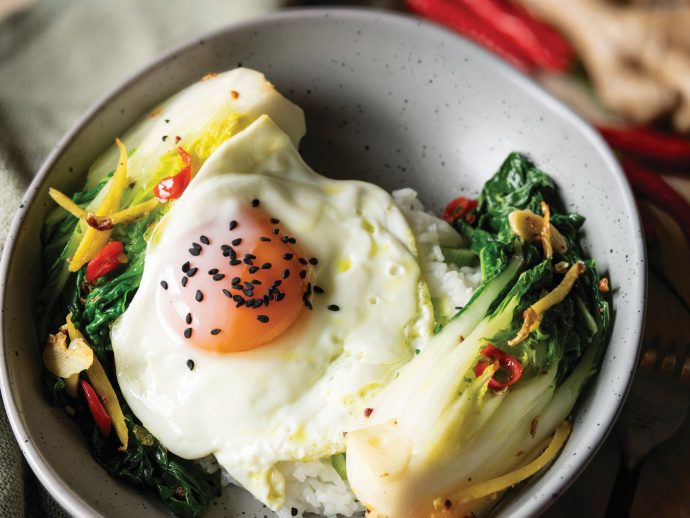 Spicy Ginger and Garlic Braised Bok Choy with Egg and Rice