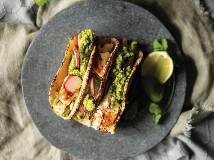 Halibut Tacos with Spicy Cilantro Pea Purée