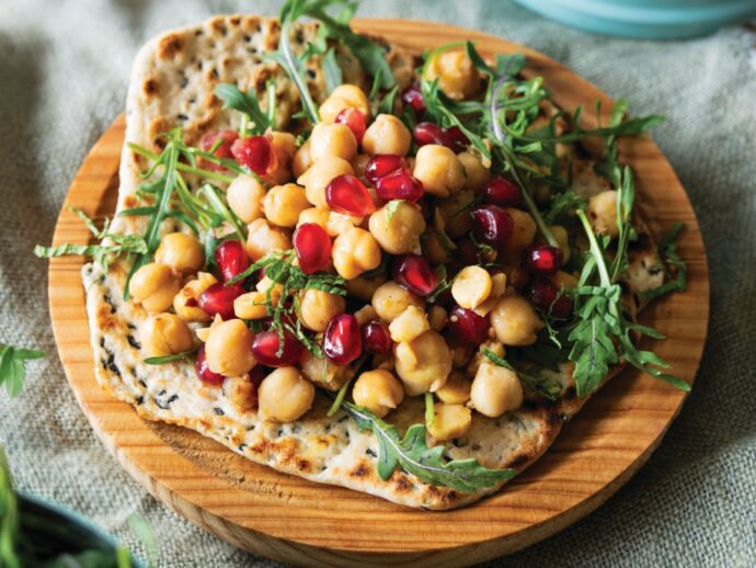 Chickpea Flatbread Sandwiches with Arugula, Pomegranate, and Chili Crisp