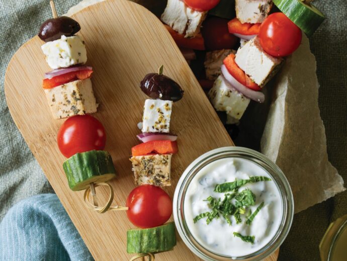 Lemon Chicken and Greek Salad Skewers