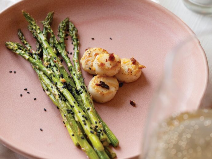 Seared Scallops with Soy and Ginger Marinated Grilled Asparagus