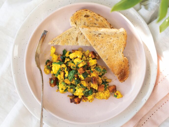 Spicy Tofu Scramble with Spinach and Sweet Potato