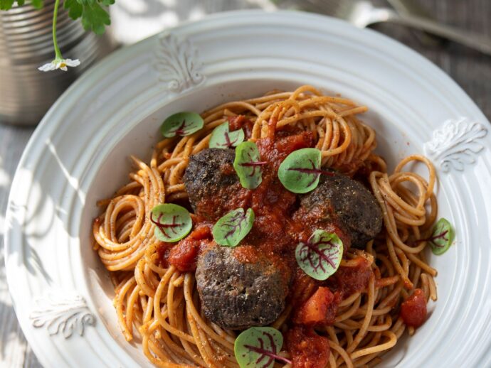 Italian Sheet-Pan Bison Meatballs with Spaghett