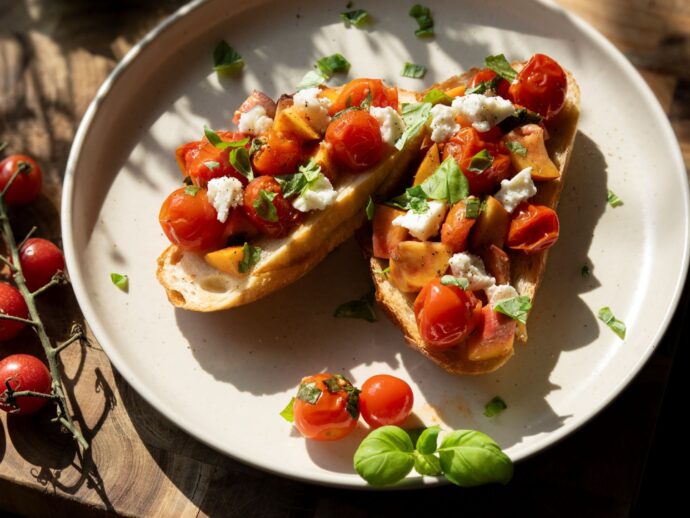 Buffalo Mozzarella Toasts with Roasted Tomatoes and Fruit