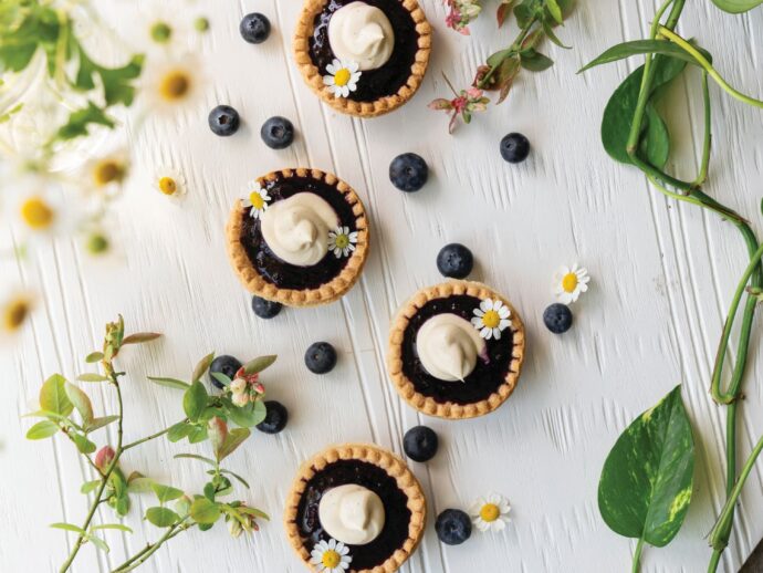 Wild Blueberry and Saskatoon Berry Honeycomb Tarts with Chamomile Mascarpone Cream